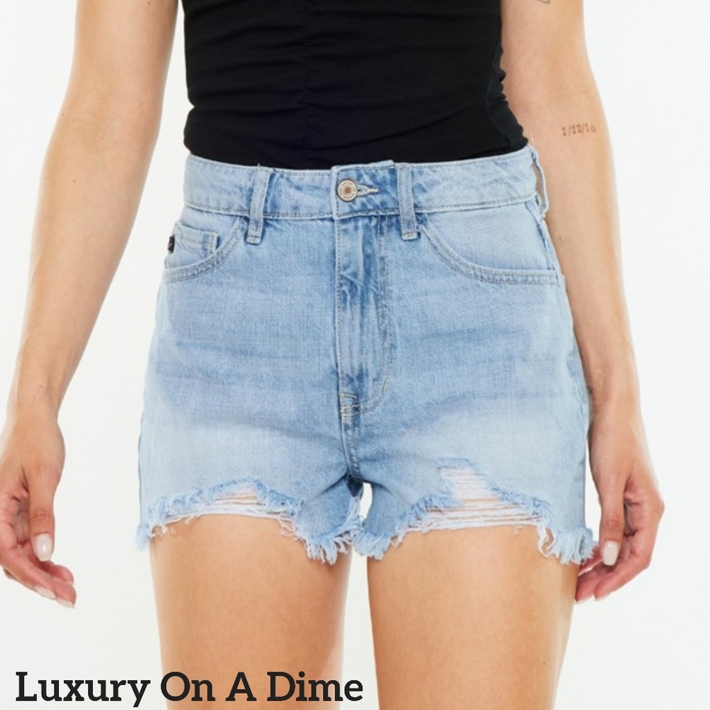 KanCan Torn High Rise Waist Denim Frayed Cut-off Hem Distressed Blue Jean Shorts